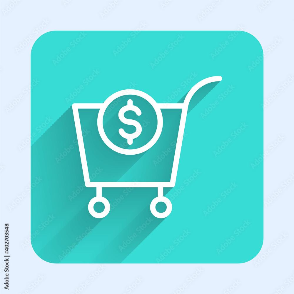 White line Shopping cart and dollar symbol icon isolated with long shadow. Online buying concept. Delivery service. Supermarket basket. Green square button. Vector. White line Shopping cart and dollar symbol icon isolated with long shadow. Online buying concept. Delivery service. Supermarket basket. Green square button. Vector.