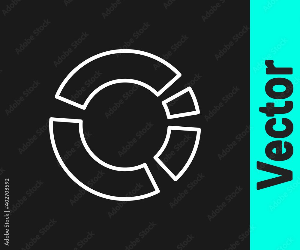 White line Pie chart infographic icon isolated on black background. Diagram chart sign. Vector. White line Pie chart infographic icon isolated on black background. Diagram chart sign. Vector.