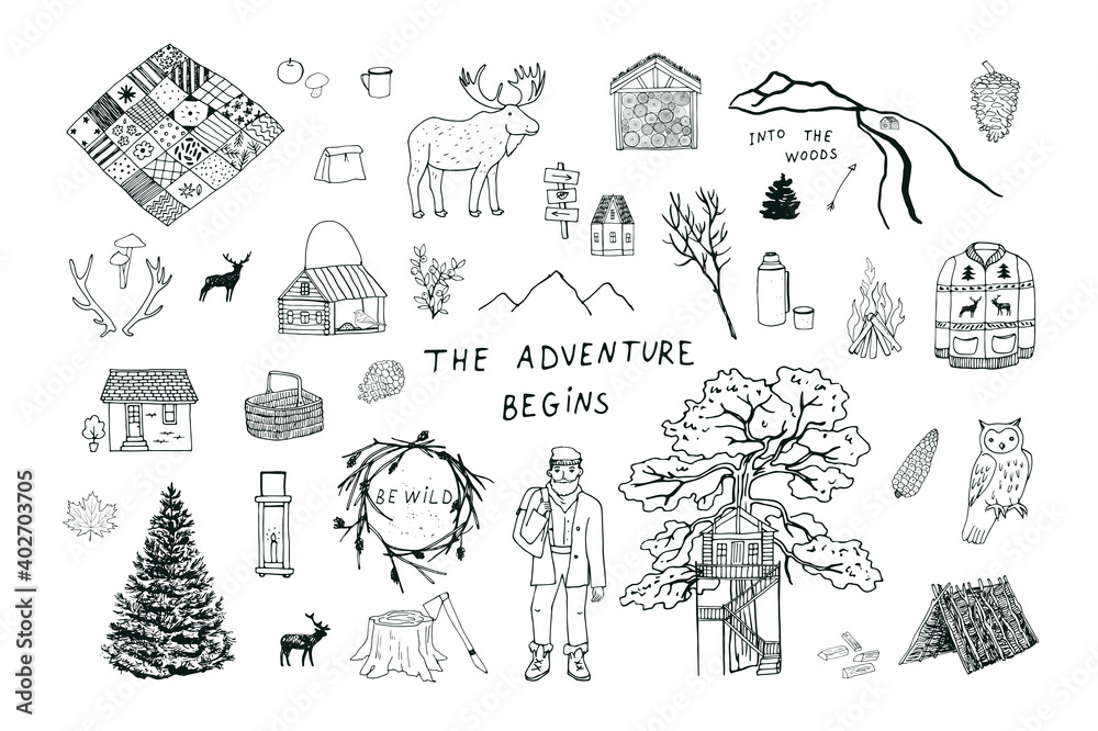 Into the woods nature forest adventure, hike, village life objects vector  illustrations set