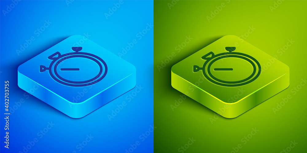 Isometric line Stopwatch icon isolated on blue and green background. Time timer sign. Chronometer sign. Square button. Vector. Isometric line Stopwatch icon isolated on blue and green background. Time timer sign. Chronometer sign. Square button. Vector.