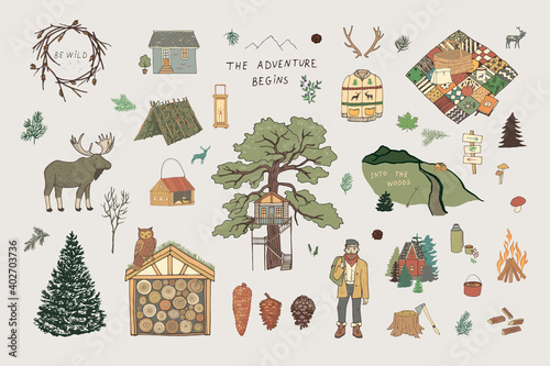 Into the woods nature forest adventure, hike, village life objects vector  illustrations set