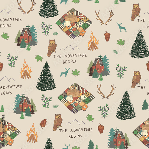 Into the woods nature forest adventure, hike, village life objects seamless vector pattern
