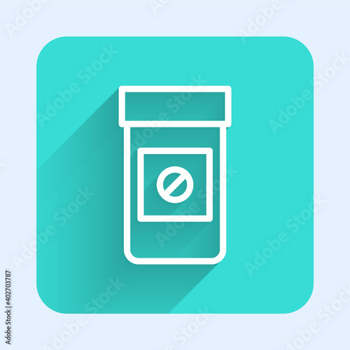 White line Sports doping, anabolic drugs icon isolated with long shadow. Anabolic steroids tablet. Pills in jar. Green square button. Vector.