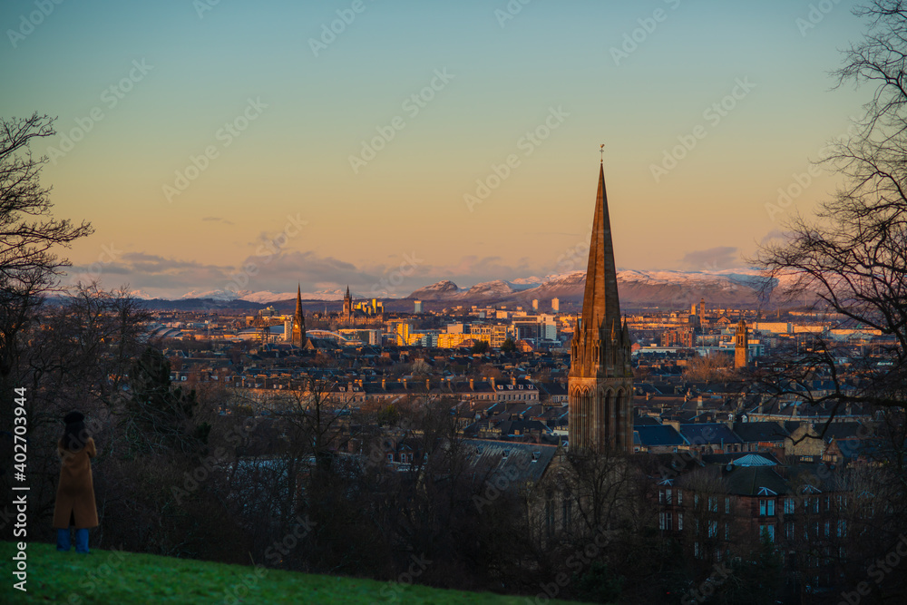 Winter View Over Glasgow at Sunset With Ben Lomond and the Campsies in Snow