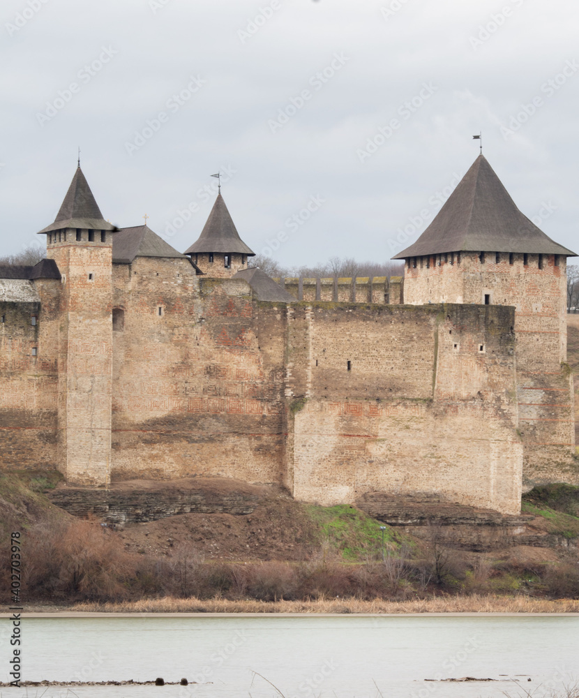 View of the northern and eastern towers of the Khotin fortress from the river