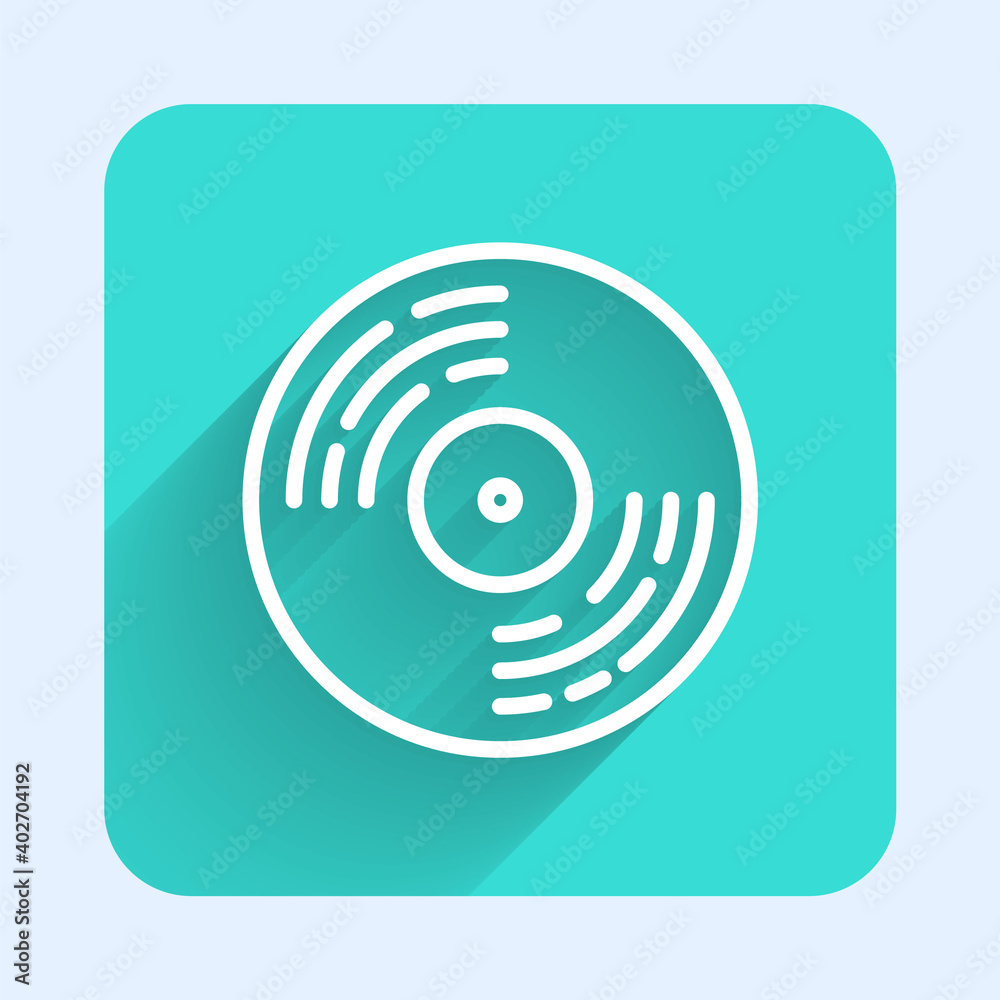 White line Vinyl disk icon isolated with long shadow. Green square button. Vector. White line Vinyl disk icon isolated with long shadow. Green square button. Vector.