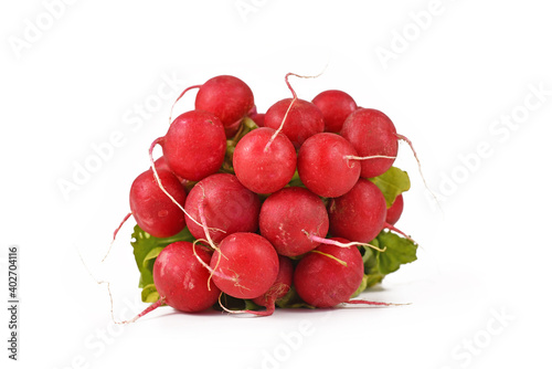 Bunch of raw cultivated radishes isolated on white background