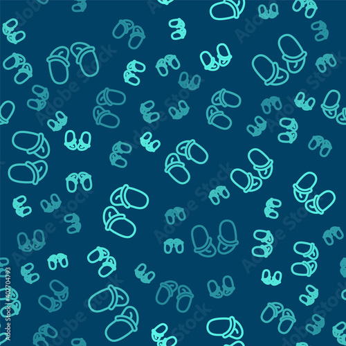 Green line Flip flops icon isolated seamless pattern on blue background. Beach slippers sign. Vector.