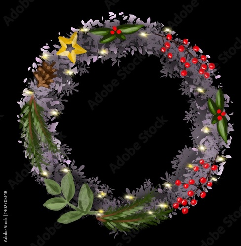 Fototapeta Naklejka Na Ścianę i Meble -  Christmas wreath white on black background
