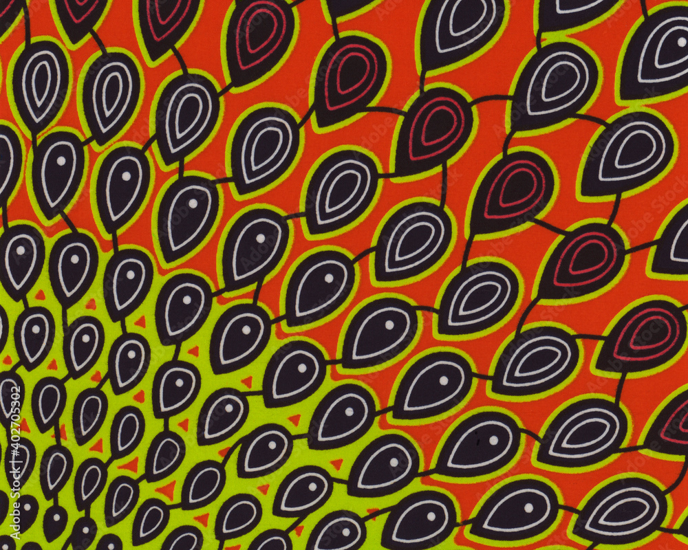 Colorful African fabric – Peacock feathers - Seamless and textured pattern, cotton, photo Colorful African fabric – Peacock feathers - Seamless and textured pattern, cotton, photo