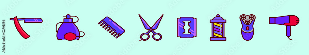 set of barbershop cartoon icon design template with various models. vector illustration isolated on blue background set of barbershop cartoon icon design template with various models. vector illustration isolated on blue background