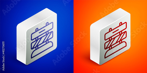 Isometric line End of railway tracks icon isolated on blue and orange background. Stop sign. Railroad buffer end to destination. Silver square button. Vector.