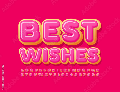 Vector tasty greeting card Best Wishes. Sweet creative Font. Cake Alphabet Letters and Numbers set