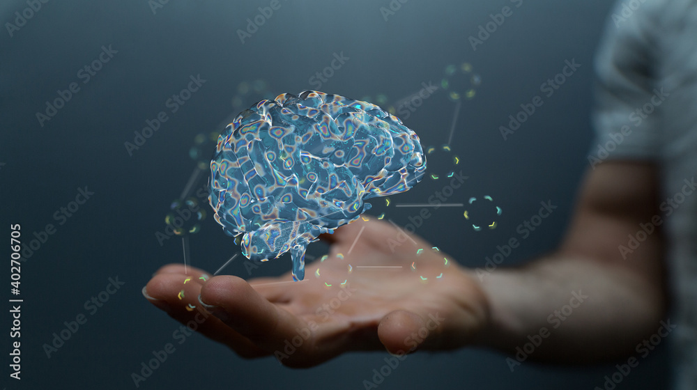 Creative background, the human brain on a blue background, the hemisphere
