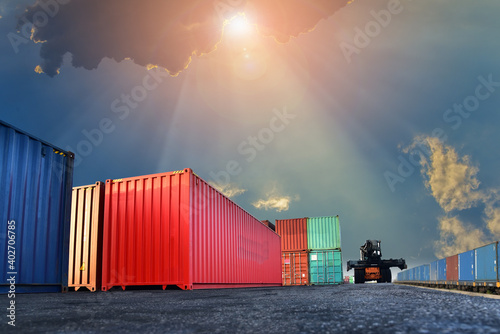 Photography Container on floor in port import, export and business logistic, by crane trade port, Stack of Cargo Container at the Dock Thailand