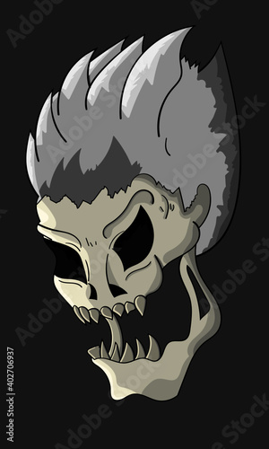 Evil skull with gray hair and sharp teeth