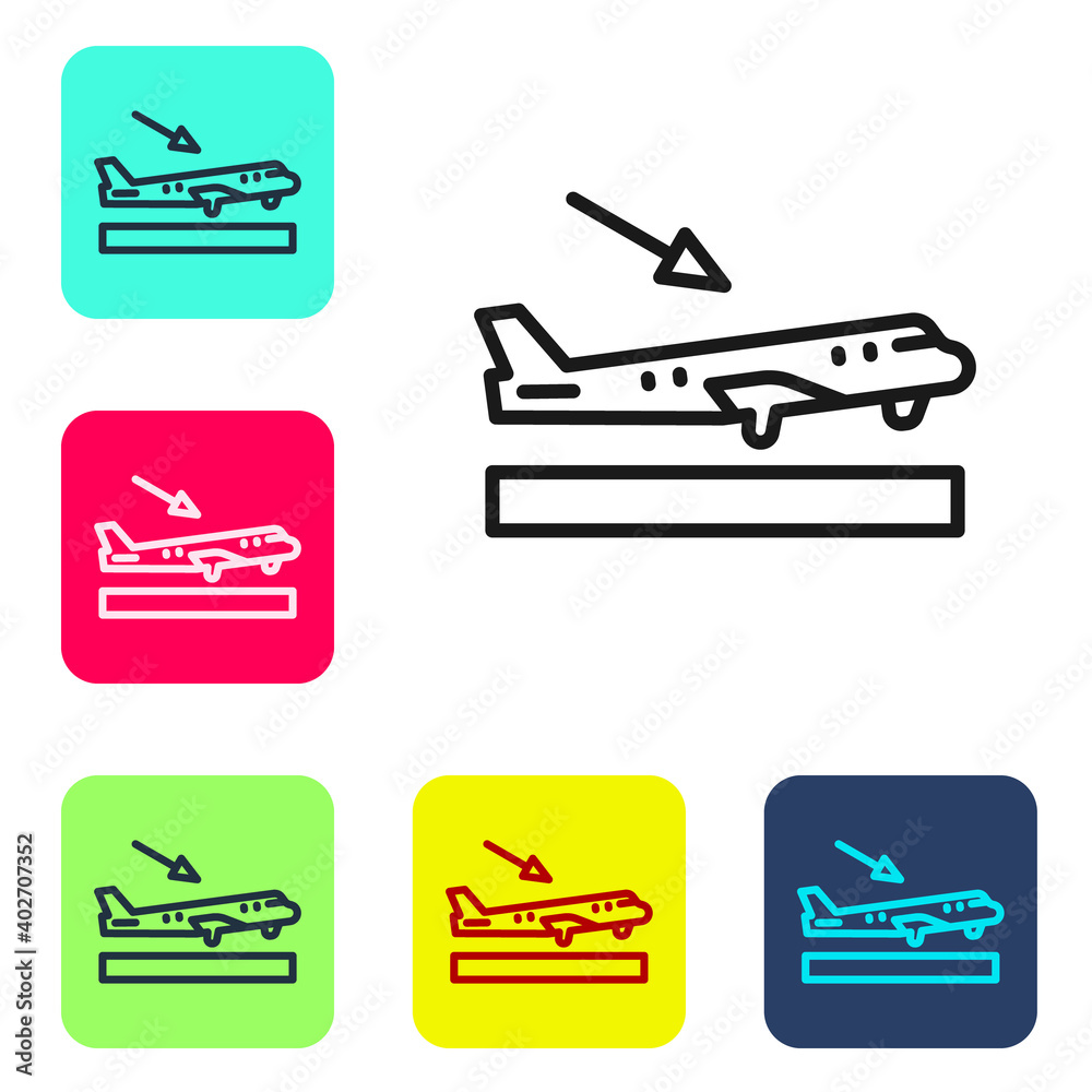 Black line Plane landing icon isolated on white background. Airplane transport symbol. Set icons in color square buttons. Vector.