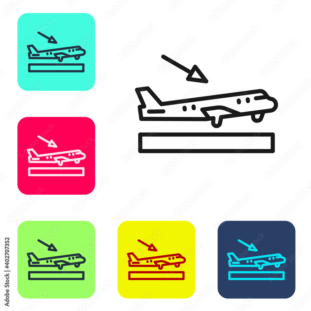 Black line Plane landing icon isolated on white background. Airplane transport symbol. Set icons in color square buttons. Vector. Black line Plane landing icon isolated on white background. Airplane transport symbol. Set icons in color square buttons. Vector.