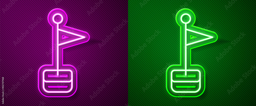 Glowing neon line Flag icon isolated on purple and green background. Location marker symbol. Vector. Glowing neon line Flag icon isolated on purple and green background. Location marker symbol. Vector.