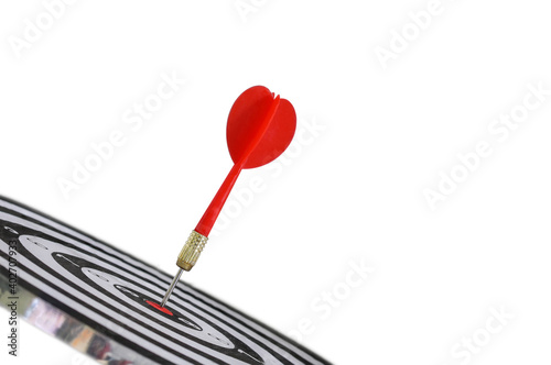 Red darts arrows hit in the target center of dartboard isolated on white background, business goal concept, the game focuses on success, planning to be smart concept.