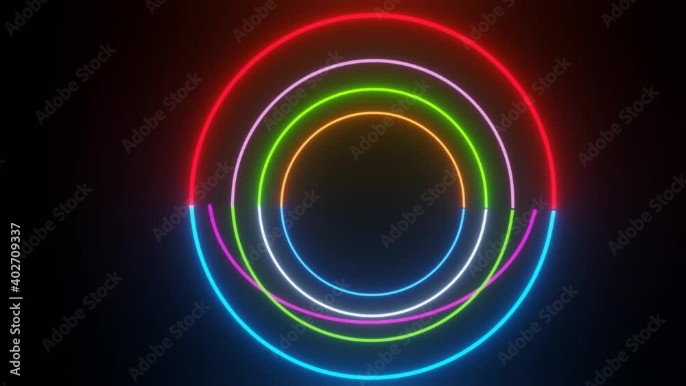 Concentric light neon circles in rainbow colors. Continuous rotation of circular slice when alternating different spectrum colors. Animation of concentric circles on black background. FullHD quality