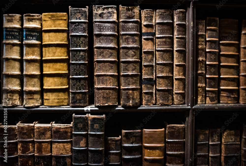Heavy Leather-Bound Books On Bookshelves In A Cathedral Library Heavy Leather-Bound Books On Bookshelves In A Cathedral Library