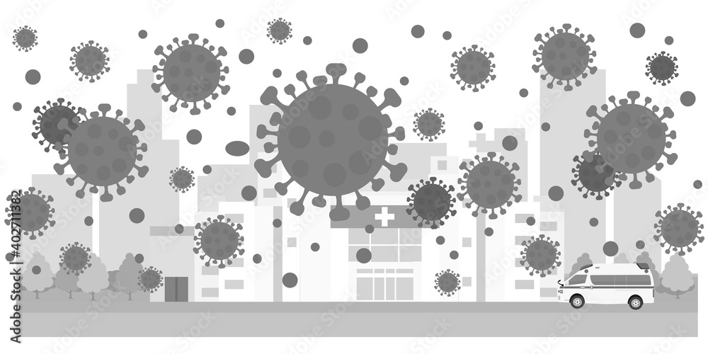 イラスト素材 緊急事態宣言の都市 町 病院 白黒 ウイルス ベクター Stock Vector Adobe Stock