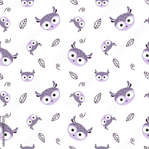 Seamless pattern with a cute owl face and a hand-drawn leaf, forest bird on a white background, suitable for children's design poster, postcard, banner, greeting card
