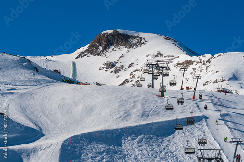 View of the snowy Kitzsteinhorn Kaprun ski slope in Austria at an altitude of 3029 meters.