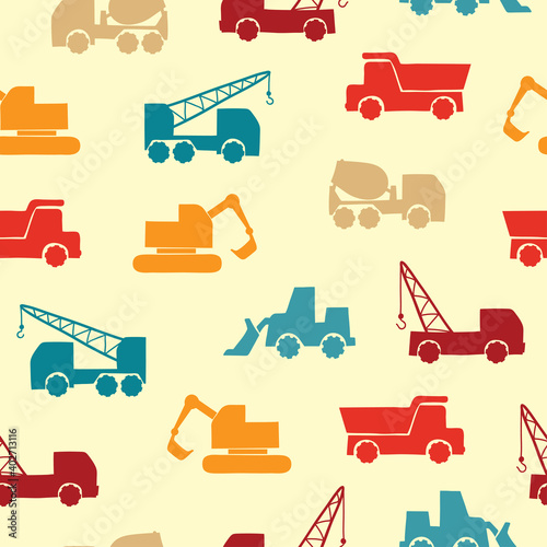 Seamless colorful transport pattern with construction trucks.