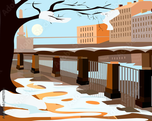 Urban landscape with river embankment in winter