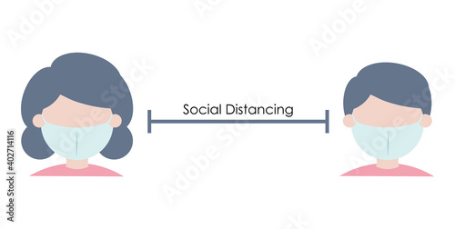 Woman and man wearing facial mask and keep social distancing.
