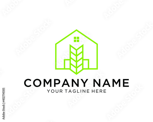 simple line art logo house and leaf vector design template on a white background.