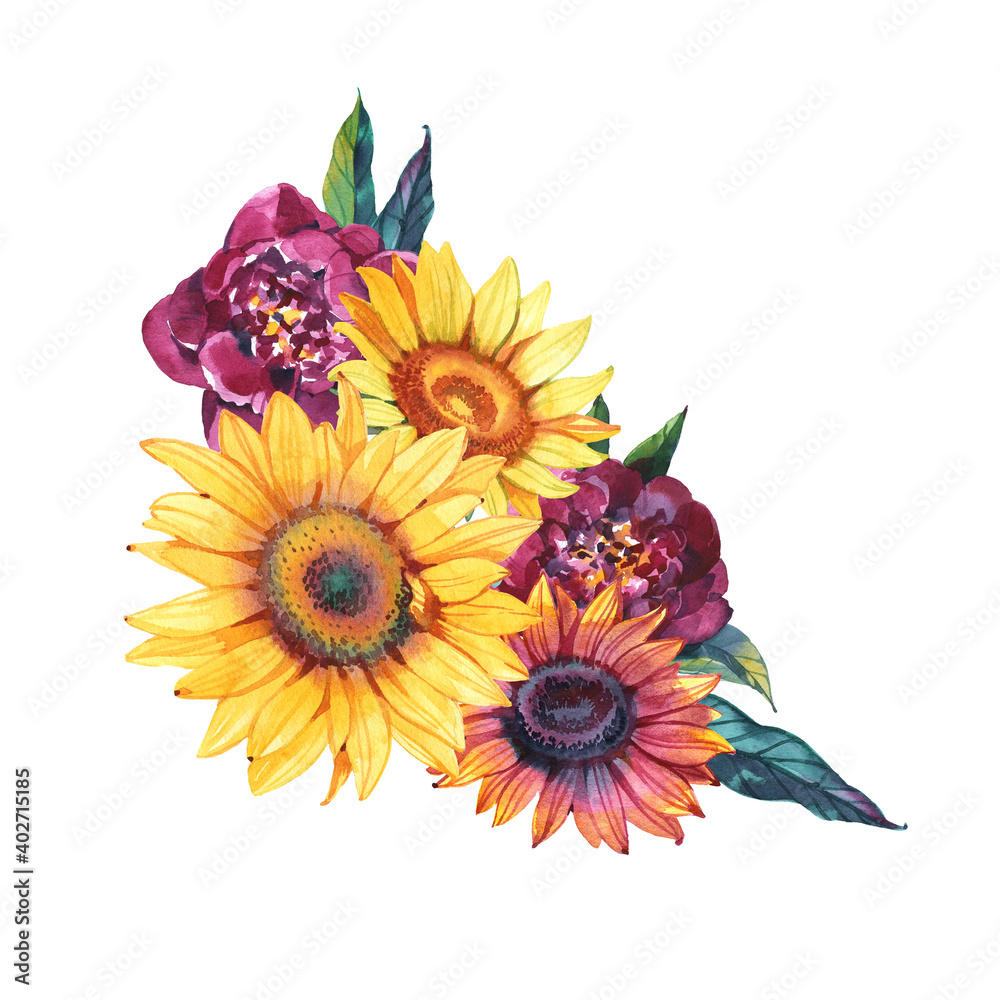 Watercolor floral bouquet clipart. Handpainted flowers clip art Stock