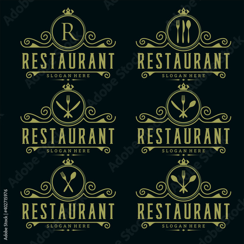 Vintage set restaurant logo. Restaurant badge, poster with fork and knife. Vector emblem template