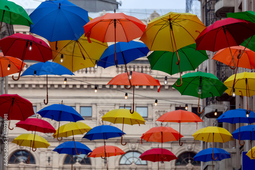 Lviv. Multi-colored umbrellas over the street.
