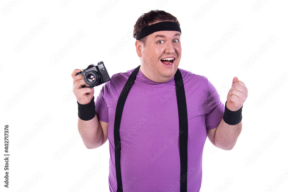 Funny fat guy doing fitness. Happy man and retro style. White background.