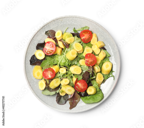 Delicious fresh carrot salad with cherry tomatoes isolated on white, top view