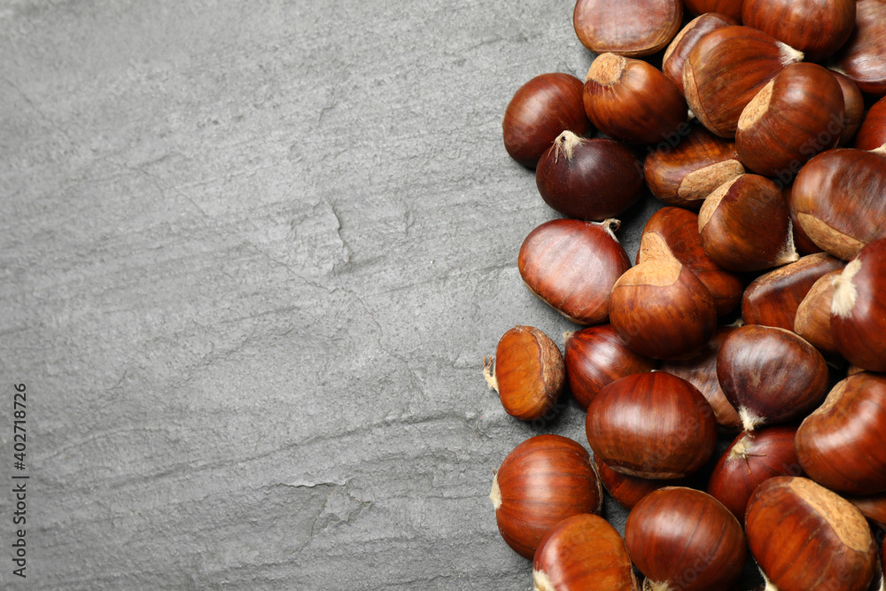 Obraz premium Fresh sweet edible chestnuts on black slate table, flat lay. Space for text
