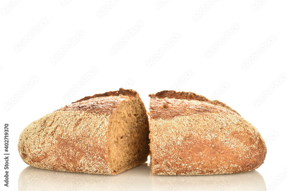 Two halves of a loaf, fragrant buckwheat bread, close-up, isolated on white. Two halves of a loaf, fragrant buckwheat bread, close-up, isolated on white.