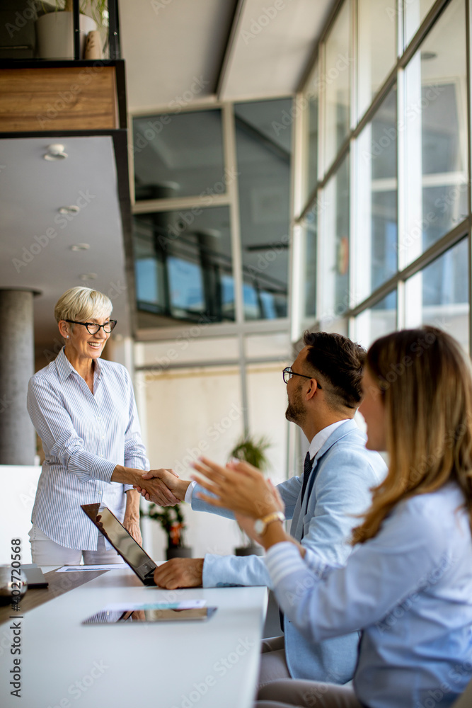 Group of business people with young adults and senior woman colleague on meeting at modern bright office interior