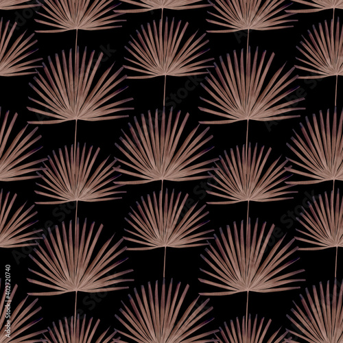 seamless pattern with tropical leaves on a dark background. watercolor illustration, hand painted close up in boho style	
