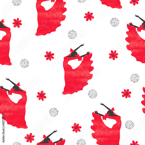 Seamless watercolor flamenco dancer pattern. Spanish dancing woman.