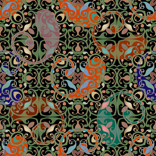 Paisley seamless pattern. Elegance arabic vector background. Beautiful ornate colorful ornaments. Repeat ornamental arabian backdrop. Vintage Paisley flowers, leaves, lines, shapes. Arabesque design