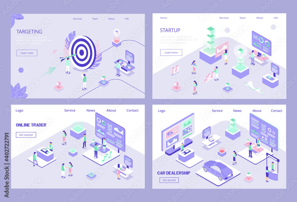 Set of landing pages of car dealership, startup, online broker, targeting. Advertising products, auto stands or services at exhibition. 3D isometric concept illustration for flyer