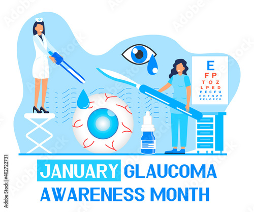 Glaucoma Awareness Month is celebrated in USA in January. Lenticular opacity diagnosis. Ophthalmologist eyesight check up with tiny people character. Optometric healthcare vector