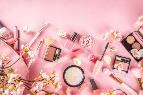 Makeup products with spring flowers