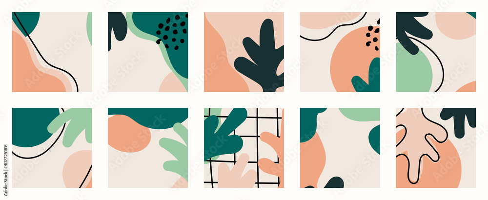 Trendy social media set of ten abstract backgrounds with abstract organic shapes composition in contemporary collage minimal style, vector illustration.