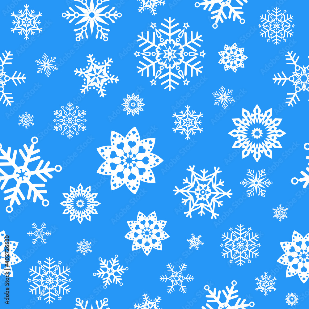 Seamless pattern from vector snowflakes. White snowflakes on a gently blue background. This design is perfect for festive wrapping paper. Or for printing on textiles. Seamless pattern from vector snowflakes. White snowflakes on a gently blue background. This design is perfect for festive wrapping paper. Or for printing on textiles.