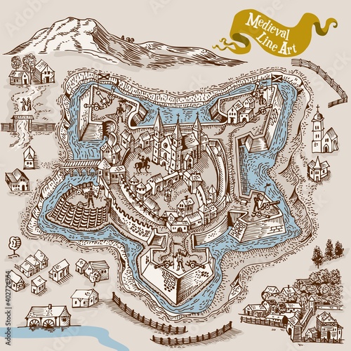 Medieval map elements engraving and woodcut style vector cartography illustration